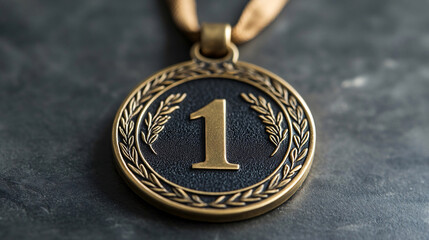 Celebrating excellence with a prestigious gold medal showcasing the number one in bold relief surrounded by intricate laurel motifs