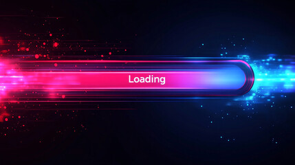 Bright neon progress bar glowing with energetic pink and blue lights loading dynamically with a sense of anticipation