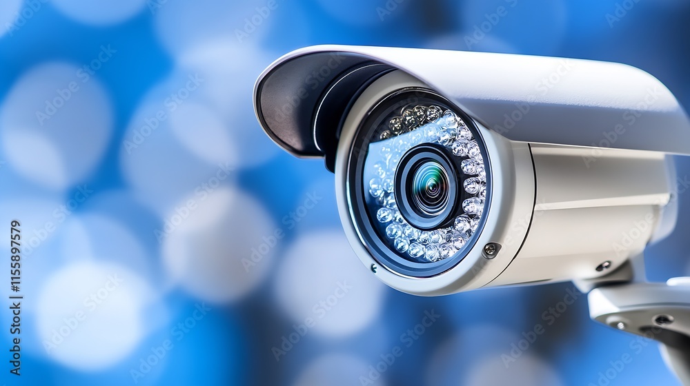 Poster Close Up of Modern Security Camera with Blurred Blue Background Bokeh : Generative AI