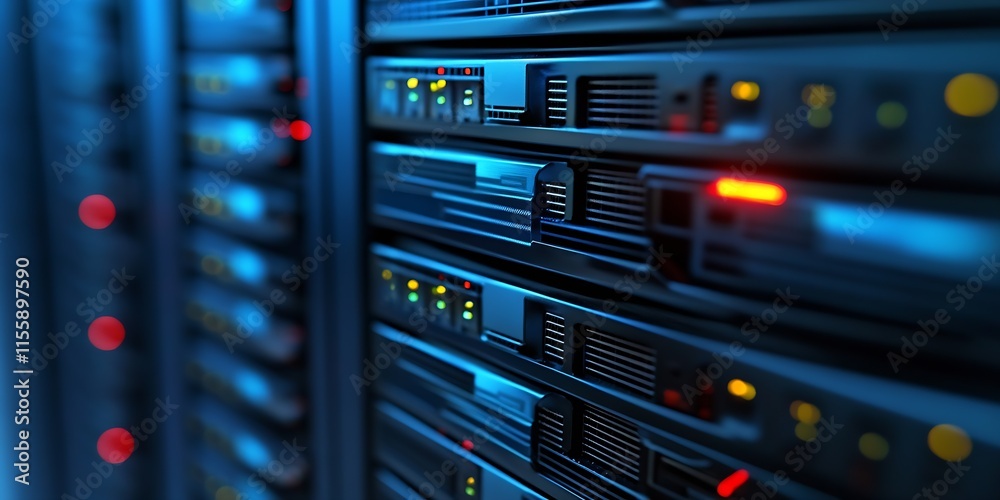 Fototapete High-Tech Server Rack in a Data Center Illuminated by LED Indicators : Generative AI
