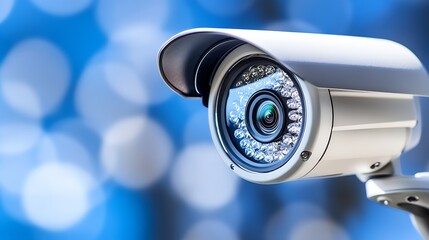 Close Up of Modern Security Camera with Blurred Blue Background Bokeh : Generative AI