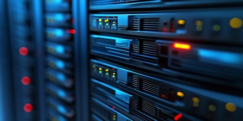 Naklejka premium High-Tech Server Rack in a Data Center Illuminated by LED Indicators : Generative AI