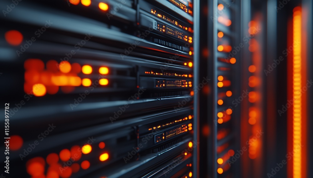 Aufkleber Advanced data center servers glowing with soft orange LEDs for modern business technology solutions. : Generative AI