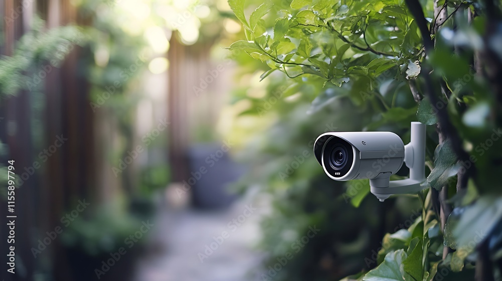 Poster discreet garden security camera blending into green foliage enhancing home privacy : generative ai