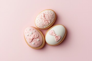 egg shaped bow print decorated cookies on a pastel pink background, Easter sweet in pastel pink, green and coral colors