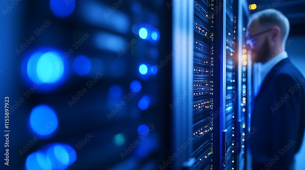 Poster it specialist inspecting server in blue-lit data center : generative ai