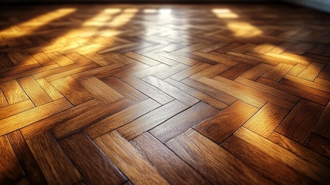 Sunlight shining on a polished wooden herringbone parquet floor.