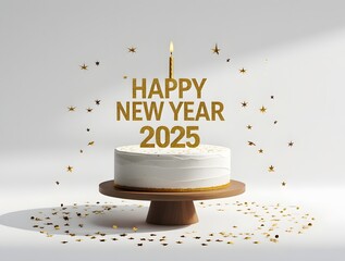 minimalist white frosted cake sits elegantly on a simple wooden cake stand, with bold Happy New Year 2025 text written in gold edible glitter.