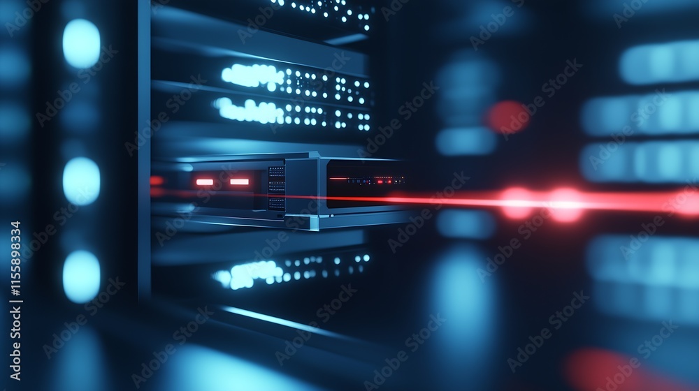 Poster Modern Data Center Server with Red Light Beam and Advanced Technology for Data Management : Generative AI