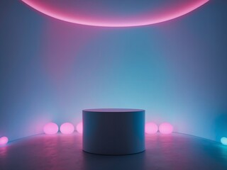 A round podium with rounded neon lights in background
