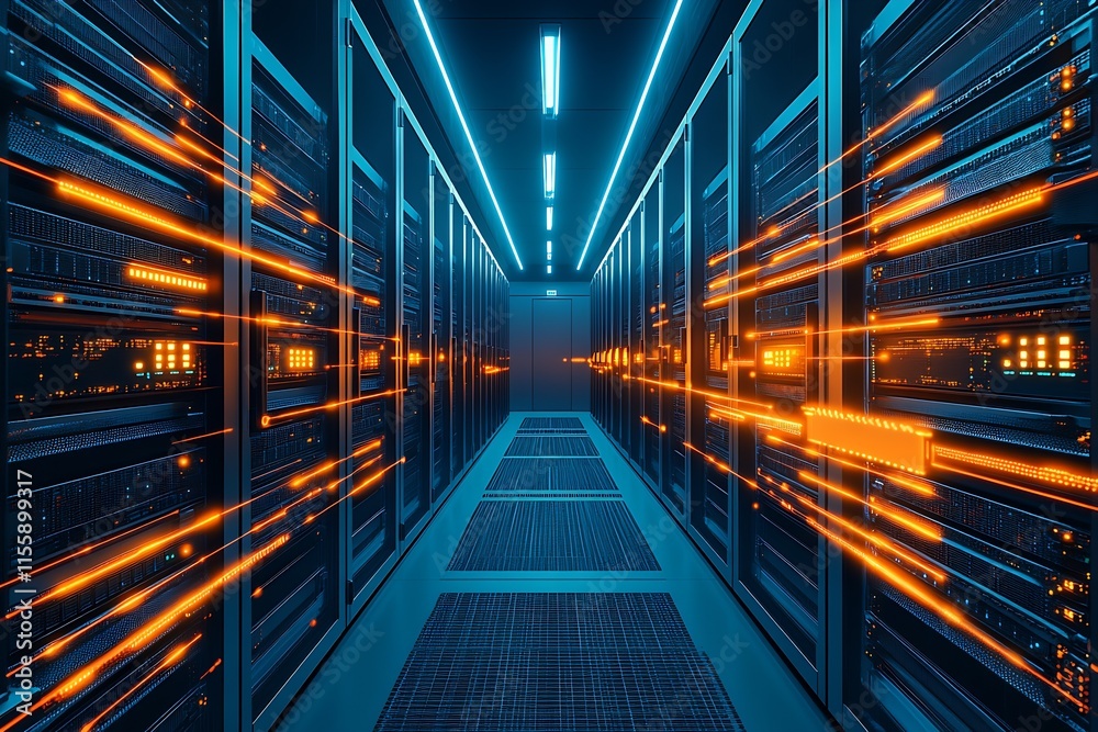 Aufkleber High-Tech Data Center Hallway with Streaming Digital Light Effects and Servers : Generative AI