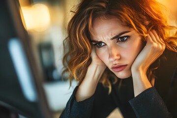 Stressed young woman with curly hair sitting at a desk, staring intently at a computer screen with a frustrated expression in a modern office environment