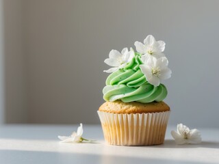 Cupcake with Green Frosting and White Flowers
