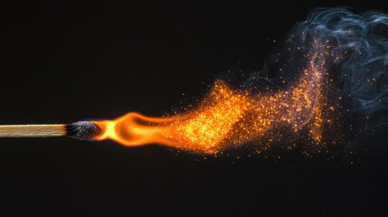 Sparkling ignition of a burning matchstick with fiery flames and smoke trail