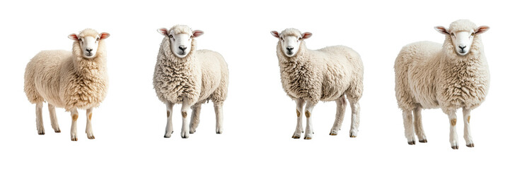 Four Sheep in Line, isolated white background, woolly bodies, alert expressions, arranged symmetrically. Isolated on white background or PNG
