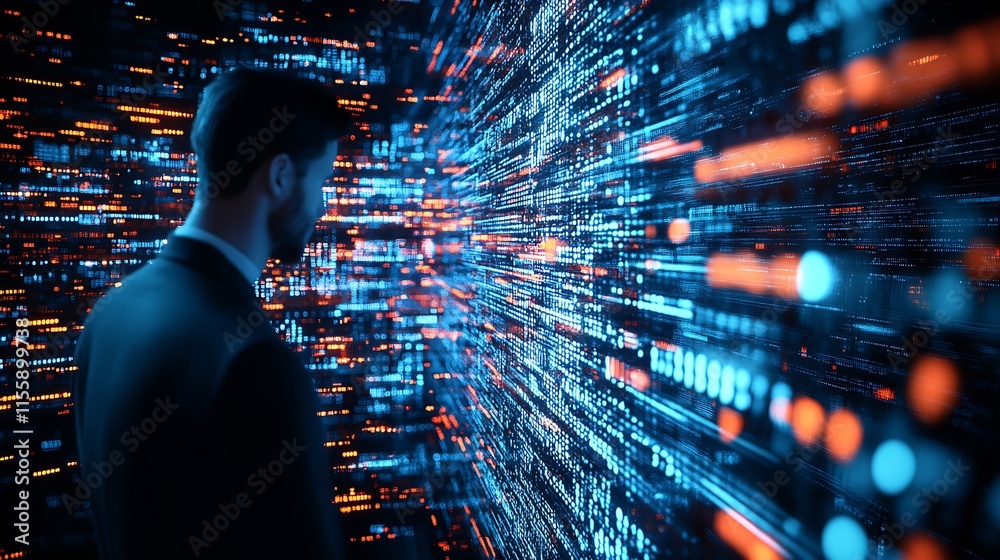 Poster Businessman Engaging with Futuristic Digital Data Network Display : Generative AI