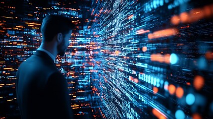 Businessman Engaging with Futuristic Digital Data Network Display : Generative AI
