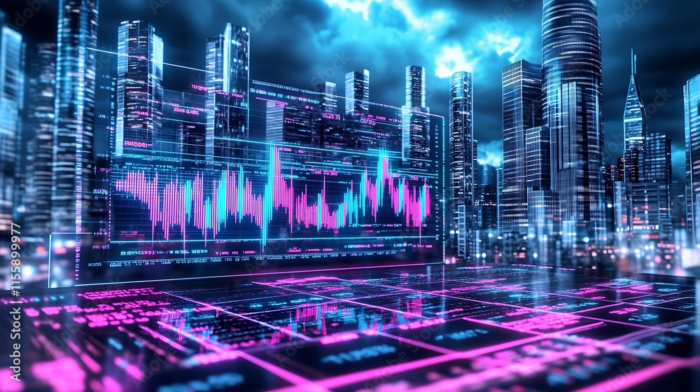 Aufkleber futuristic city skyline with digital data overlay at night : generative ai