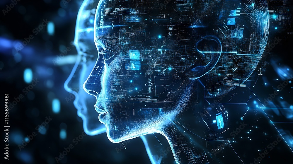 Poster side profile of digital human head with futuristic cyberspace elements : generative ai
