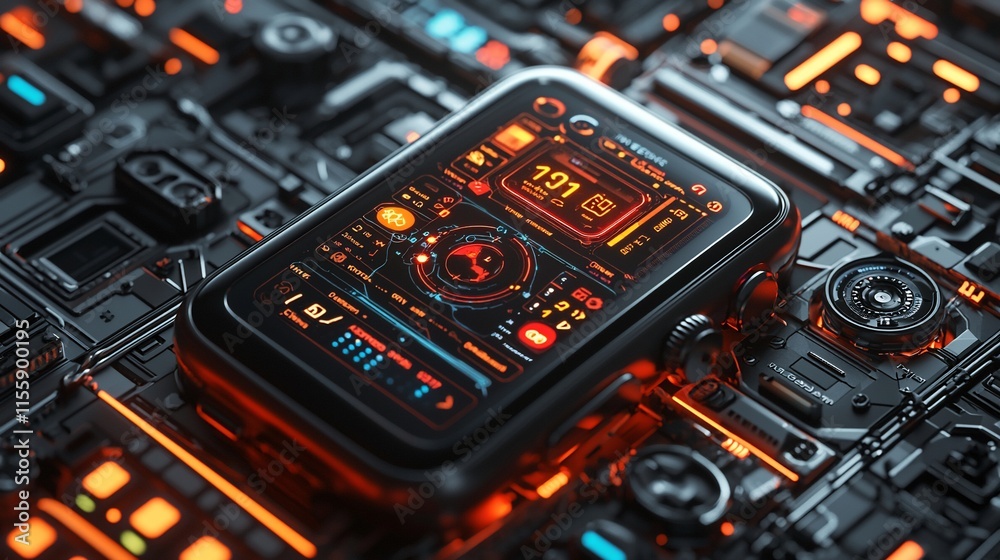 Poster Futuristic device with digital interface on a complex circuit board.