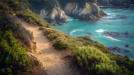 Obraz premium Coastal Trail, Ocean Cliffs, Turquoise Waters, California