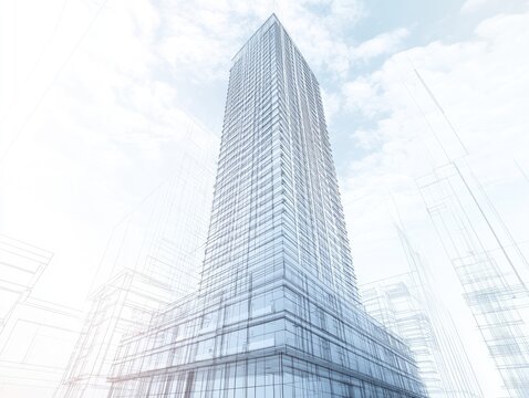 A digital rendering of a tall, modern skyscraper amidst a light, airy background.