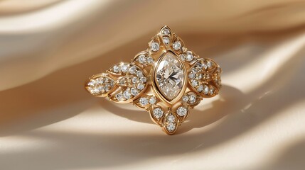 An elegant diamond cocktail ring with a vintage-inspired design, highlighted on a soft beige background.