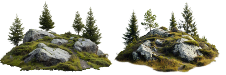 Set of a forest landscape, with rocks and trees, a path, isolated on transparent background.