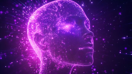 Obraz premium Futuristic Vision of a Luminous Digital Face with Intricate Mesh of Purple Particles : Generative AI
