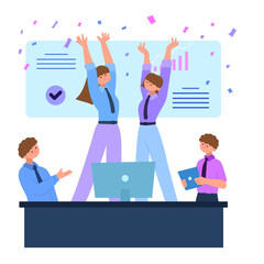 team celebration after business success with colleagues cheering near computer and data board flat vector illustration