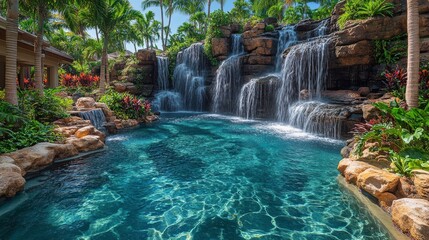 Majestic waterfall cascading into a serene pool surrounded by lush greenery in a tranquil forest setting