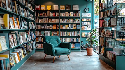 Teal Book Nook With Green Armchair And Plant