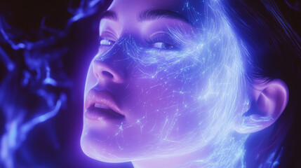 Futuristic Digital Streams of Flowing Data in Electric Blue and White with Holographic Overlay and Sci-Fi Gradient Design