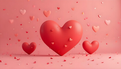Several red heart-shaped objects floating cartoon style valentines 3d render clean background 