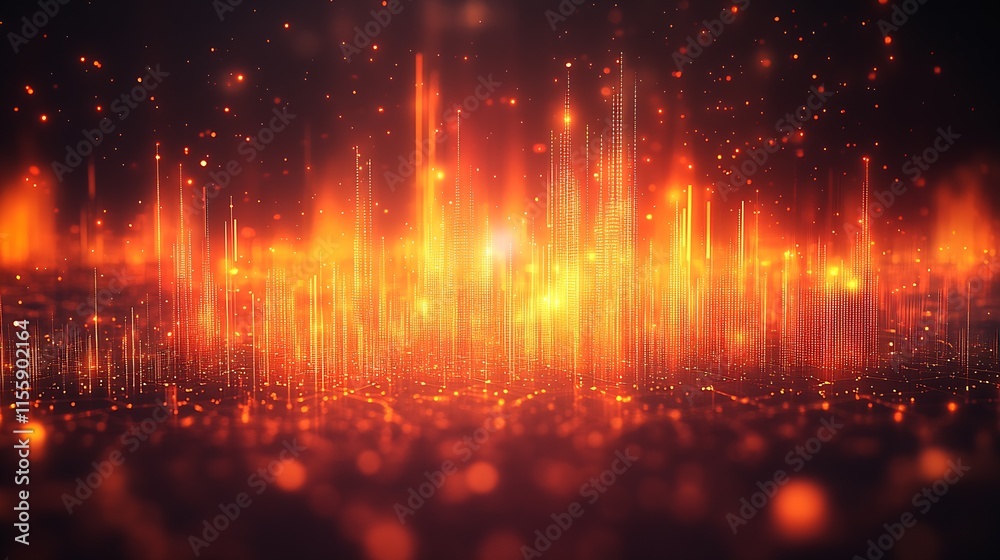 Poster illuminated urban skyline in warm tones of orange and red : generative ai