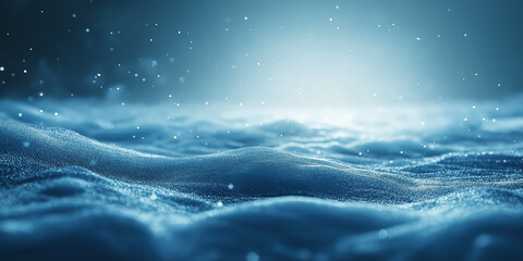 Abstract minimalist background depicting a snowy landscape with soft blue tones and gentle snowflakes falling