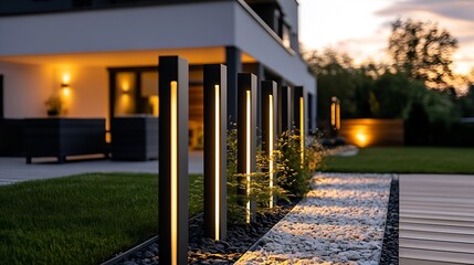 Modern minimalist outdoor landscape lighting at dusk in a stylish garden with pathway : Generative AI