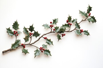 Fototapeta premium Festive Holly Delight: Vibrant Green Leaves and Red Berries on a Crisp White Canvas