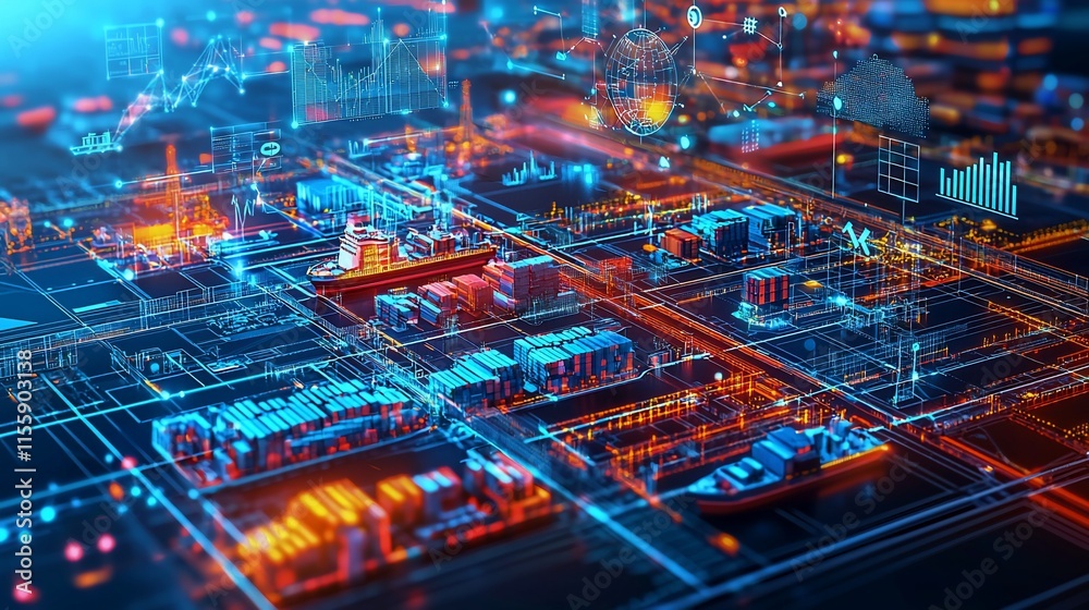 Poster digital visualization of global supply chain, logistics, and transportation network with data analyt