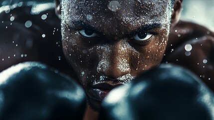 Intense Close-Up of a Focused Boxer Preparing for the Fight with Sweat Glimmering and Determination in His Eyes, Capturing the Spirit of Competition and Athleticism