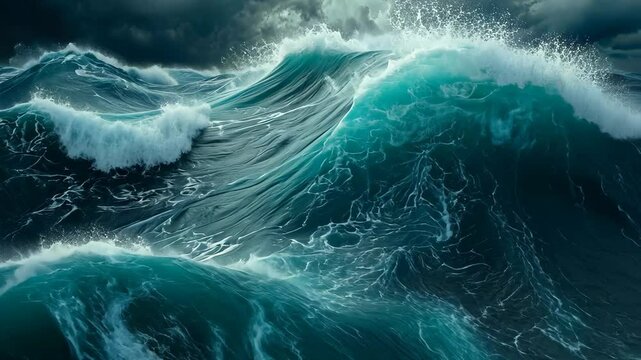 This video showcases a turbulent storm raging in the vast expanse of the ocean, depicting crashing waves and darkened skies, Frantic ocean under hurricane winds