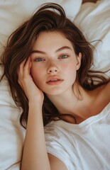 Fototapeta premium Young woman stretching in bed, touching her face with hand after waking up