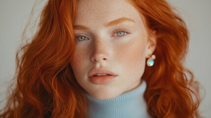 Naklejka premium Close-up portrait of a young woman with red hair and freckles against neutral background