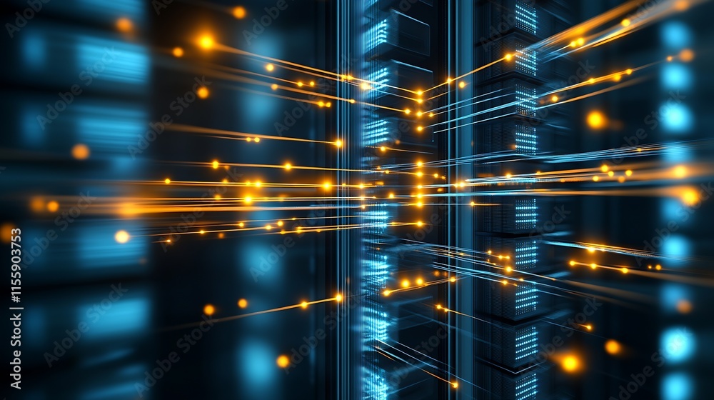 Aufkleber Futuristic Data Center with Glowing Network Cables and Digital Connectivity : Generative AI