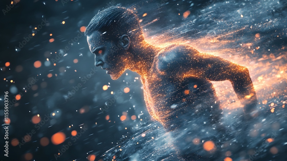 Aufkleber a dynamic representation of a human figure in motion, composed of glowing particles, showcasing ener