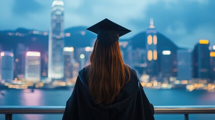 Graduate Student Overlooking Hong Kong Skyline at Dusk