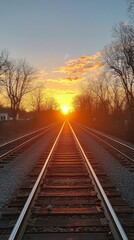Fototapeta premium Sunset over railway tracks with silhouettes of trees and clouds in the background at golden hour