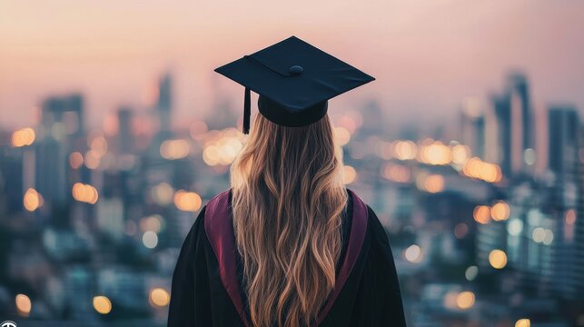 Graduate in Cap and Gown Overlooking Cityscape at Dusk