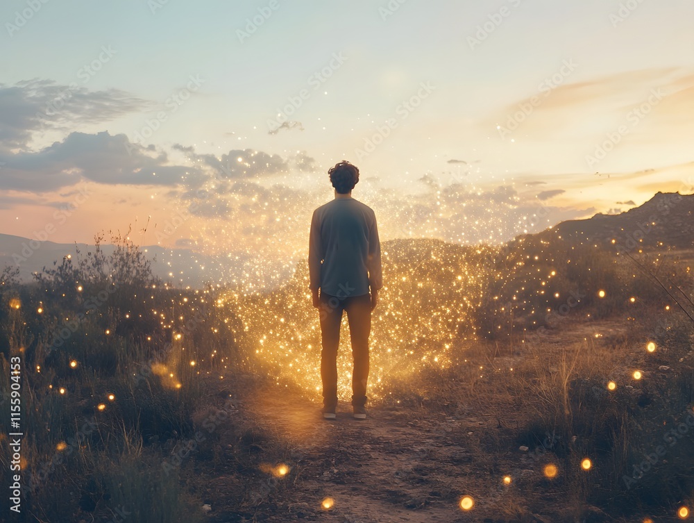 Poster a solitary figure contemplating nature at dusk surrounded by glowing particles, evoking a sense of w