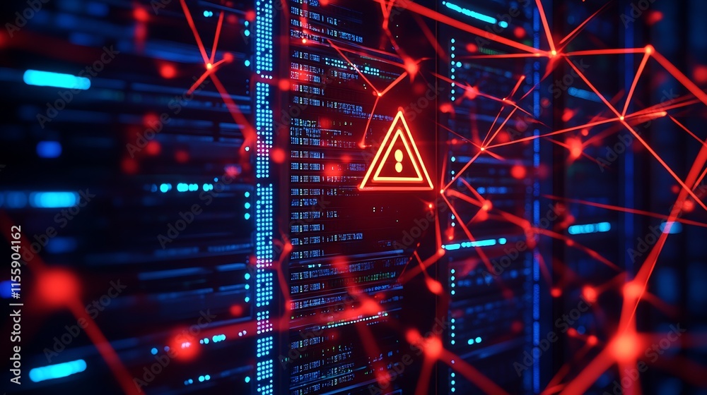 Poster Digital warning alert on server racks with interconnected red geometric shapes : Generative AI